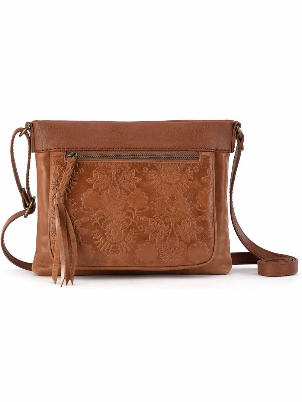 The Sak Sanibel Leather Mini Crossbody Bag w Embossed Floral Front 9”x2.5”x7.75”